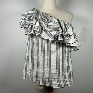 LoveShackFancy Tanya One Shoulder Striped Peasant Top Beige Ruffle Size S